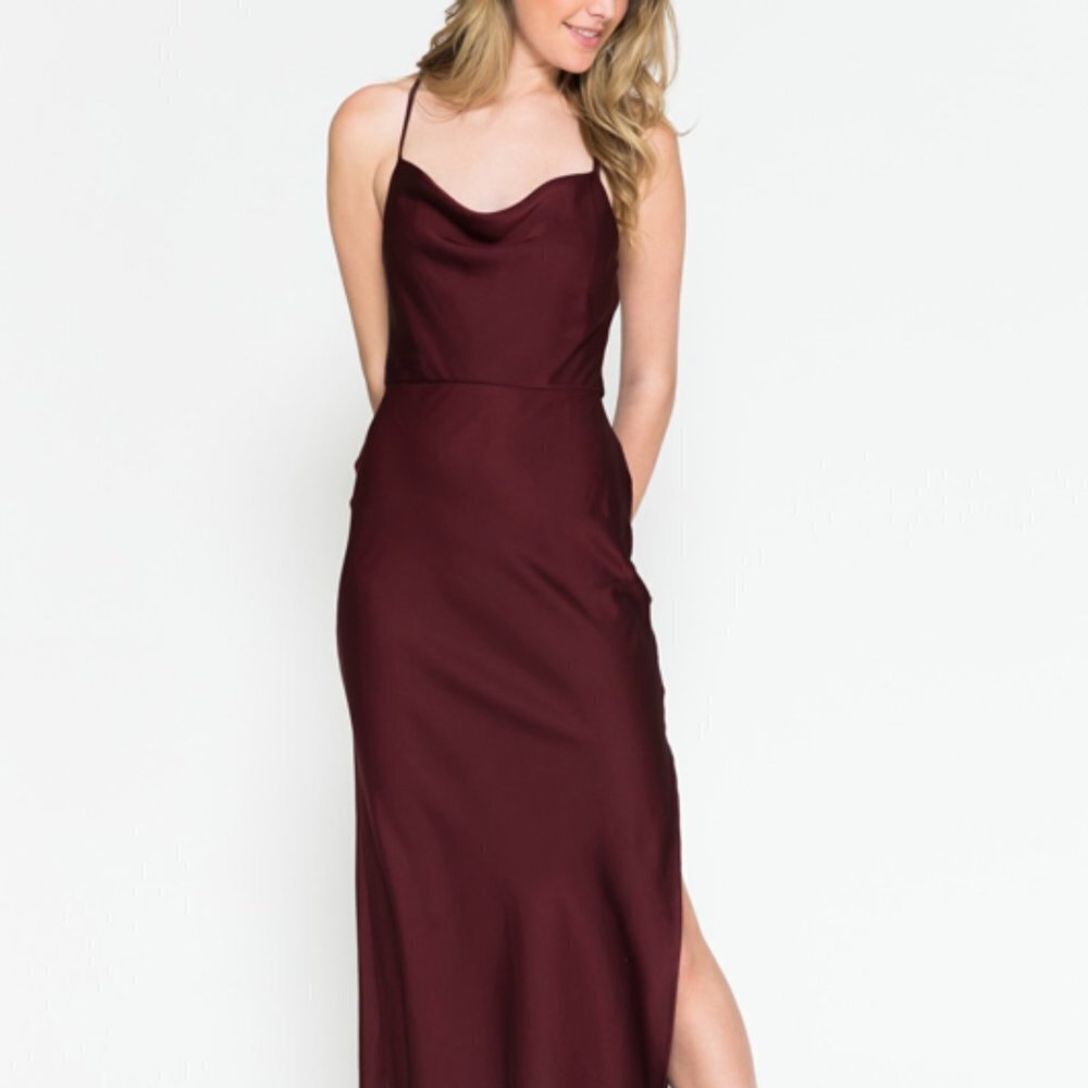 WINE COLOR SIMPLE SATIN PARTY BRIDSMAIDS EVENING MIDI SHEATH GOWN DRESS AC6115